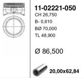11-02221-050, Поршень ДВС без колец Opel Omega/Vectra 2.2i 16V Z22SE =86 1.2x1.5x2.5 +0.50 97