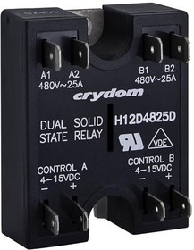Фото 1/2 H12D4825D, Solid State Relays - Industrial Mount Dual SSR, 530VAC 25A, 4-15VDC In, ZC
