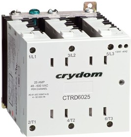CTRB6025, Solid State Relay - 90-140 VAC Control - 25 A Max Load - 48-600 VAC Operating - Zero Voltage - LED Input Status I ...