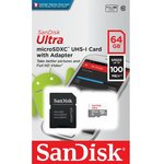 Карта памяти 64Gb MicroSD SanDisk Ultra + SD адаптер (SDSQUNR-064G-GN3MA)