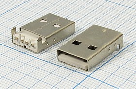 Разъем USB вилка, тип A, контакты на плату, угловой, USBA-1P DIP