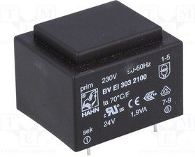 BV EI 303 2100, Трансформатор залитый, 1,9ВА, 230VAC, 24В, Монтаж PCB