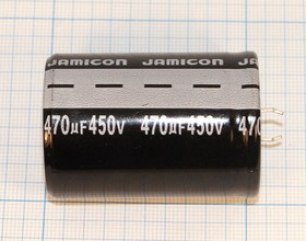 Фото 1/3 Конденсатор электролитический, емкость 470мкФ, 450В, размер 35x50, номинальное отклонение 20, +105C, алюминий, выводы 2P, HSW, JAMICON