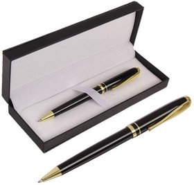 Поворотная шариковая подарочная ручка в кожзам футляре, черная с золотом 3590821