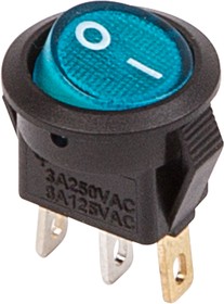 Фото 1/5 36-2531, Выключатель клавишный круглый 250V 3А (3с) ON-OFF синий с подсветкой Micro