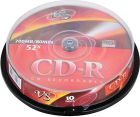 Фото 1/4 Диски CD-R VS 700 Mb 52x Cake Box (упаковка на шпиле), КОМПЛЕКТ 10 шт., VSCDRCB1001