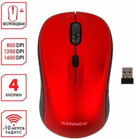 Фото 1/10 Мышь беспроводная SONNEN V-111, USB, 800/1200/1600 dpi, 4 кнопки, оптическая, красная, 513520