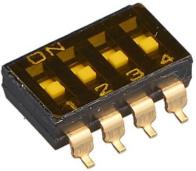 A6S4102H, Switch DIP OFF ON SPST 4 Recessed Slide 0.025A 24VDC Gull Wing 1000Cycles 2.54mm SMD Tube