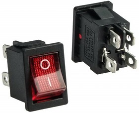 PL2412, Клавишный переключатель ON-OFF, 4 контакта, черный, красная кнопка, подсветка