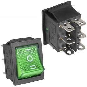 PL2428, Клавишный переключатель ON-OFF-ON, 6 контактов, черный, зеленая кнопка, подсветка