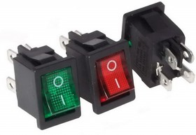PL2434, Клавишный переключатель ON-OFF, 4 контакта, зеленый с подсветкой