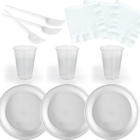 Фото 1/4 PL5305, Набор одноразовой посуды на 3 персоны. Тарелка 3шт., стакан 100 мл. 3 шт., вилка 3шт., салфетка бум