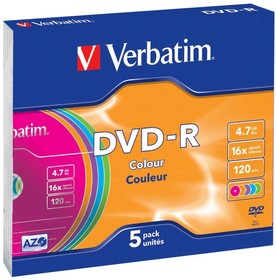 Фото 1/3 Диск DVD-R Verbatim 4.7Gb 16x Slim Color (5шт) (43557)