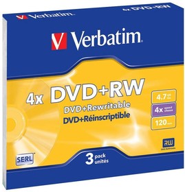 Фото 1/4 Диск DVD+RW Verbatim 4.7Gb 4x Slim Case (3шт) (43636)