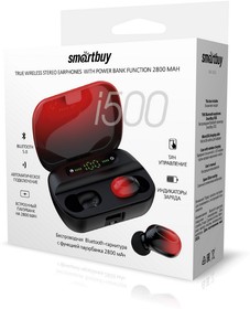 Фото 1/6 Внутриканальная TWS Bluetooth-гарнитура Smartbuy i500, Touch, пауэрбанк 2800мАч, черн-крас(SBH-3023)