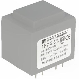 Фото 1/2 TEZ2.6/D230/7.5V, Трансформатор: залитый, 2,5ВА, 230ВAC, 7,5В, 333,3мА, PCB, IP00