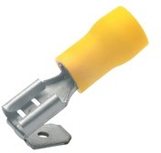 Insulated flat plug sleeve, 6.3 x 0.8 mm, 4.0 to 6.0 mm², AWG 12 to 10, brass, tin-plated, yellow, 750AZ
