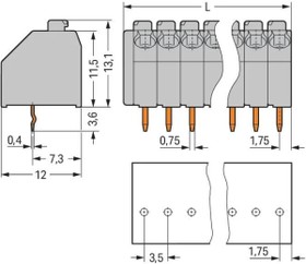 PCB terminal, 16 pole, pitch 3.5 mm, AWG 24-16, 8 A, push-in cage clamp, gray, 250-116