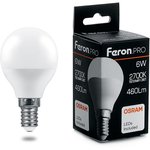 38065, Лампа светодиодная LED 6вт Е14 теплый матовый шар Feron.PRO