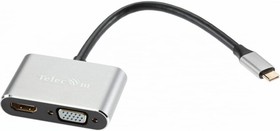 Кабель-концентратор Telecom, USB3.1 TypeCm --HDMI+USB3.0+PD+VGA Alum Grey 4K@30Hz TUC055