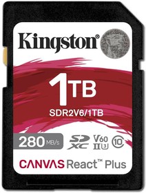 Фото 1/9 Карта памяти SDXC UHS-II Kingston Canvas React Plus 1024 ГБ, 280 МБ/с, Class 10, SDR2V6/1TB, 1 шт., без адаптера
