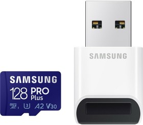Фото 1/3 Карта памяти 128Gb MicroSD Samsung PRO Plus + USB адаптер (MB-MD128KB)