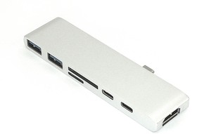 Адаптер Type C на HDMI, USB 3.0 2 разъёма и 2 разъёма зарядки Type C + кардридер SD, TF для MacBook серебро