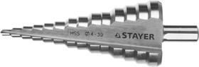 Фото 1/2 29660-4-39-14, STAYER 4-39 мм, 14 ступеней, сталь HSS, ступенчатое сверло (29660-4-39-14)