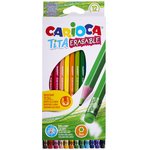 Карандаши цветные стираемые с резинкой CARIOCA "Erasable", 12 цветов, пластик, шестигранные, заточенные, 42897