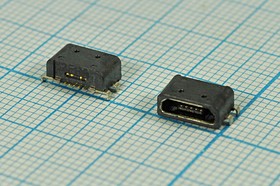 Фото 1/2 Гнездо micro USB, Тип B, реверсивное (reverse), 5 контактов, SMD на плату; №12758 гн microUSB REV\B\5C4HP\плат\ угл\\microUSBB5SD REV
