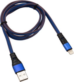 Фото 1/4 18-7053, Кабель USB-A - Lightning для Apple, 2,4A, 1м, в синей нейлоновой оплетке, плоский