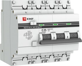 Фото 1/10 Выключатель автоматический дифференциального тока АД-32 3п+N 25А C 30мА тип A PROxima | DA32-25-30-4P-a-pro | EKF