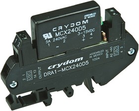 Фото 1/2 DRA1-MCXE380D5, Sensata Crydom DRA1-MCX Series Solid State Interface Relay, 32 V dc Control, 5 A rms Load, DIN Rail Mount