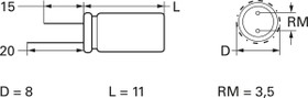 Electrolytic capacitor, 47 µF, 63 V (DC), ±20 %, radial, pitch 3.5 mm, Ø 8 mm