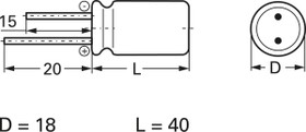 Electrolytic capacitor, 100 µF, 400 V (DC), ±20 %, radial, pitch 7.5 mm, Ø 18 mm