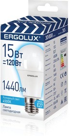 Фото 1/2 Ergolux LED-A60-15W-E27-4K (Эл.лампа светодиодная ЛОН 15Вт Е27 4500К 220-240В, ПРОМО)