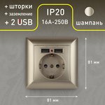 4-410-04 Intro Розетка P+E Schuko со шторками, 16А-250В + 2хUSB, СУ, Solo, шампань