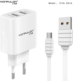 C18+S31A, Блок питания с двумя USB разъёмами, 5В,2.1А (адаптер) + USB кабель MicroUSB, белый