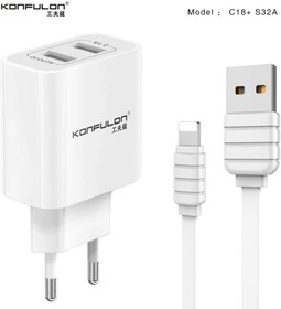 C18+S32A, Блок питания с двумя USB разъёмами, 5В,2.1А (адаптер) + USB кабель Lightning 8-pin, белый