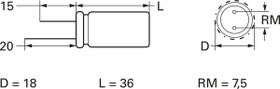 Electrolytic capacitor, 15000 µF, 6.3 V (DC), ±20 %, radial, pitch 7.5 mm, Ø 18 mm