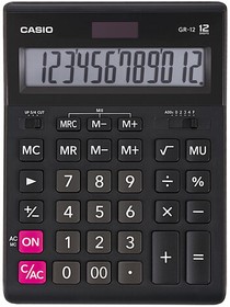 Фото 1/10 Калькулятор настольный CASIO GR-12-W (209х155 мм), 12 разрядов, двойное питание, черный, европодвес, GR-12-W-EP