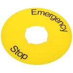 Шильдик круглый пластиковый желтый EMERGENCY STOP для кнопок Грибок