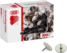 Фото 1/3 Кнопки канцелярские ICO стальные, 11 мм, стальные, 100 шт. карт.уп