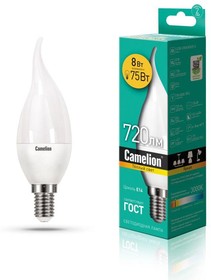 Лампа светодиодная LED8-CW35/830/E14 8Вт свеча на ветру 3000К тепл. бел. E14 720лм 220В Camelion 12387
