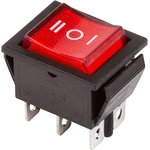 36-2390, Переключатель клавишный 250V 15А (6с) ON-OFF-ON красный с подсветкой и ...