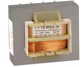 TS5/003, Трансформатор сетевой, 5ВА, 230ВAC, 6В, 6В, 0,4А, 0,4А, IP00