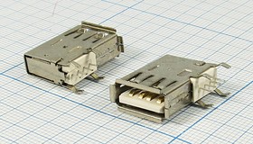 Гнездо USB, Тип A, угловое вертикальное, 4 контакта, на плату; №10482 гн USB \A\4P4C\плат\угл верт\USB A-1R\