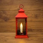 513-041, Декоративный фонарь со свечкой, красный корпус, размер 13,5х13,5х30,5 см, цвет ТЕПЛЫЙ БЕЛЫЙ