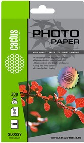 Фото 1/3 Фотобумага Cactus CS-GA6200100, для струйной печати, 100л, 200г/м2, белый, покрытие глянцевое