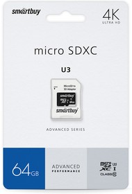 Фото 1/6 micro SDXC карта памяти Smartbuy 64GB U3 V30 A1 Advanced R/W up to 90/55 с адапт (SB64GBSDU1A-AD)
